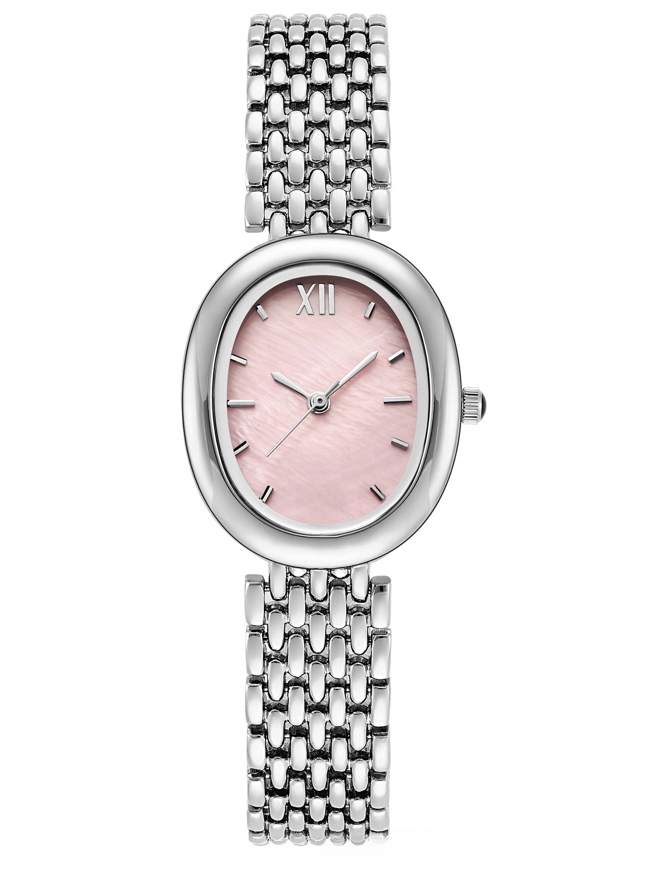 Oval Mother of Pearl Watch Women | Blue Shell Dial Roman Numerals | Silver Brick Bracelet | Elegant Quartz Dress Watch