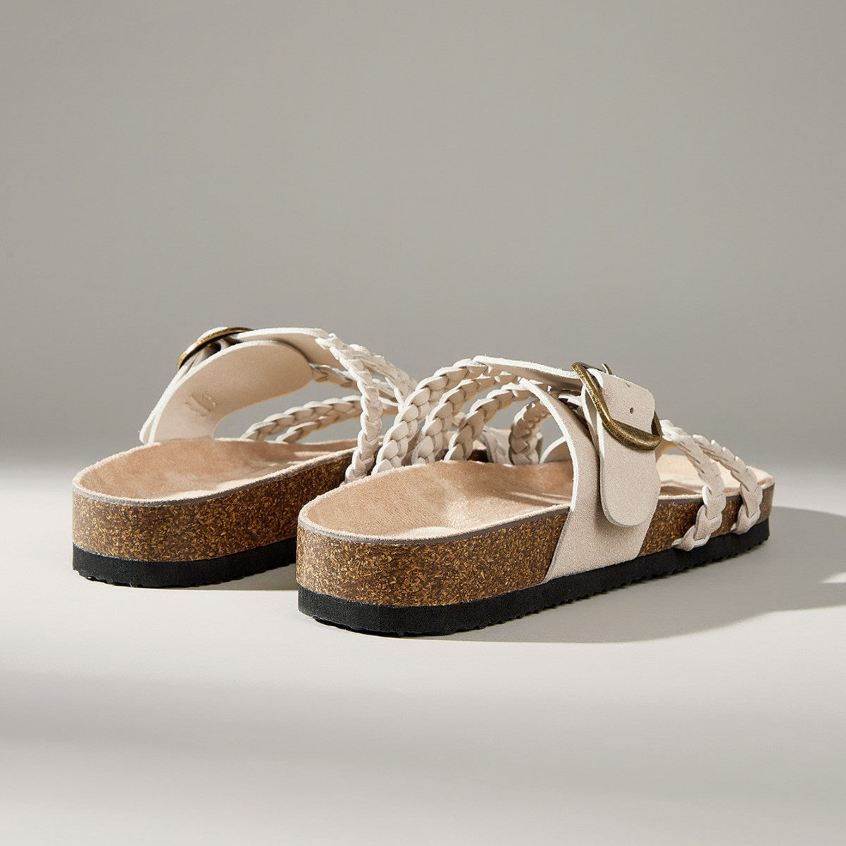 Cream Braided Strap Cork Footbed Sandals Gold Buckle Toe Post Flat Suede Sandal | Women Boho Summer Beach Casual Comfortable Everyday Fashion Sandals