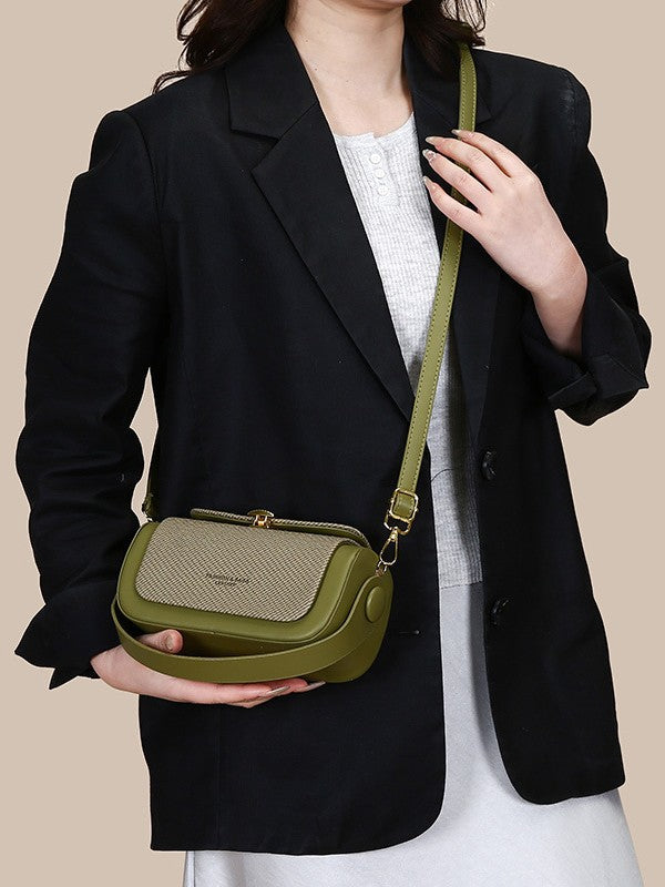 Black Structured Crossbody Bag with Gold Fan Clasp | Woven Texture Top Handle Shoulder Purse