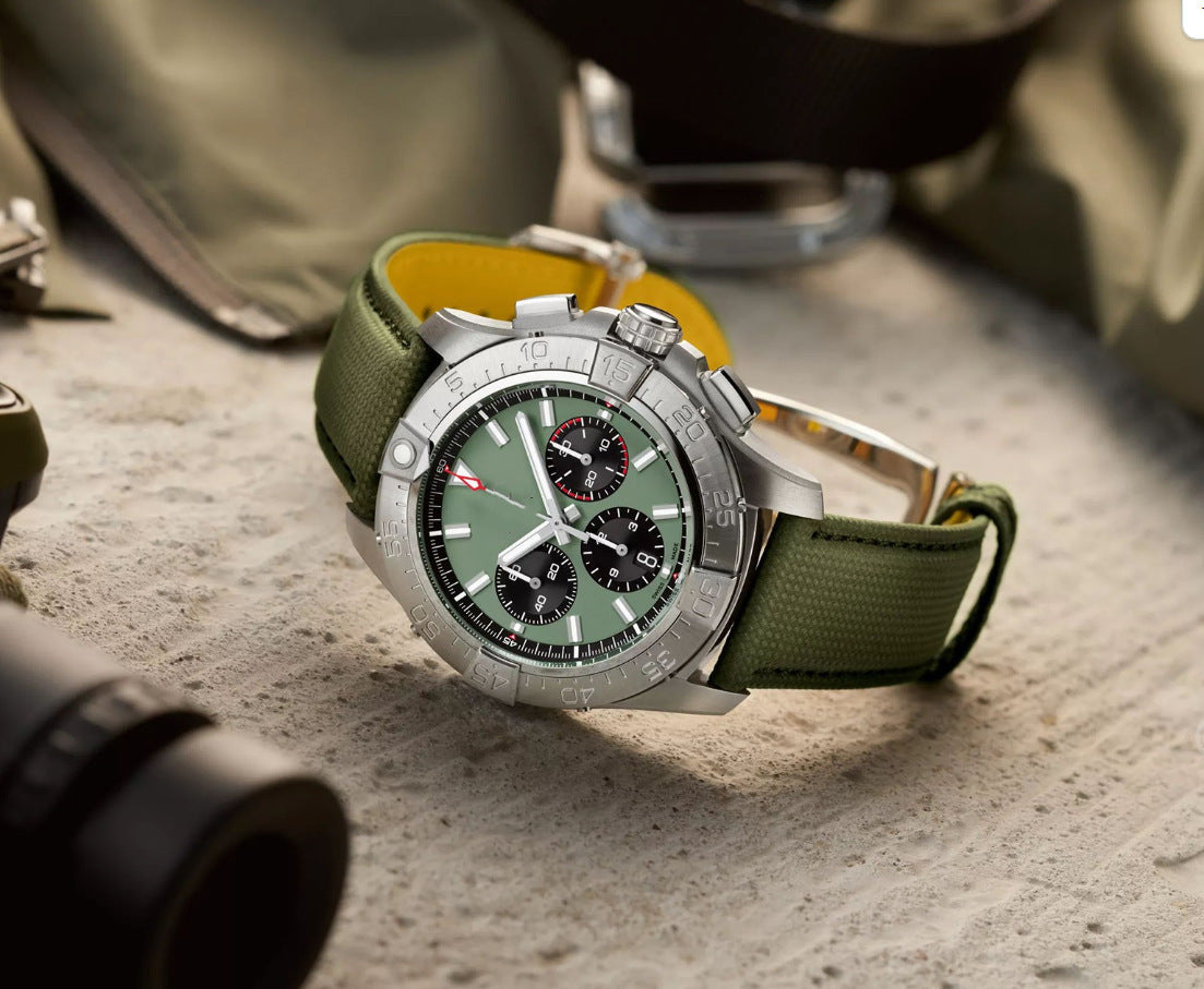 Breitling Chronograph Men's Watch | Salmon Dial Black Subdials Tachymeter Bezel Sand Leather Strap Swiss Made Sport Watch