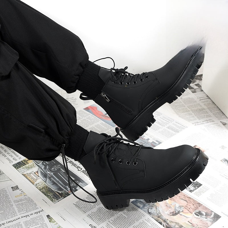 Black Combat Boots Men Women Lace Up Side Zip Platform Military Ankle Boots Matte Leather Tactical Boots