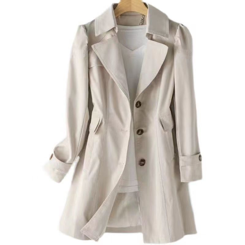 Women's Beige Mid-Length Trench Coat | Single Breasted Notch Lapel Slim Fit Coat | Korean Style Classic Windbreaker Jacket