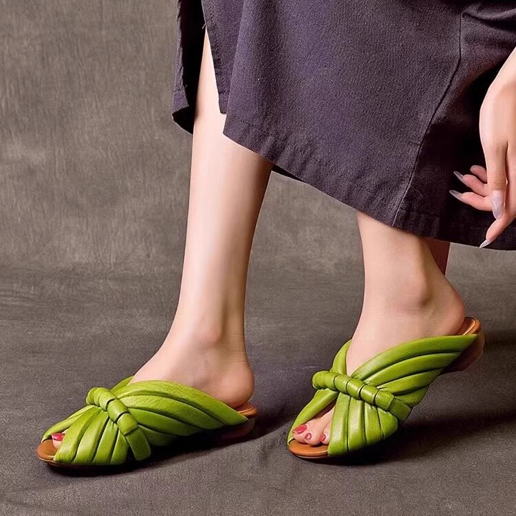 Damen-Sandalen mit geflochtenem Knoten | Offene Pantoletten – Beigefarbene Sommerschuhe in Lederoptik für Damen 