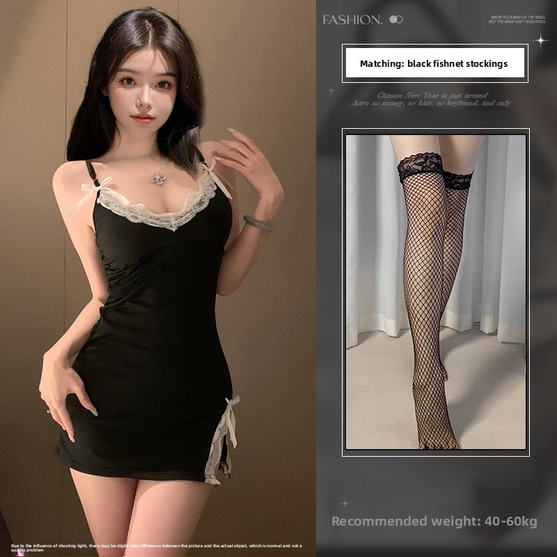 Women's Red Satin White Lace Trim Mini Nightgown Sexy Open Bust Side Bow Ribbon Sleepwear Chemise Lingerie Dress