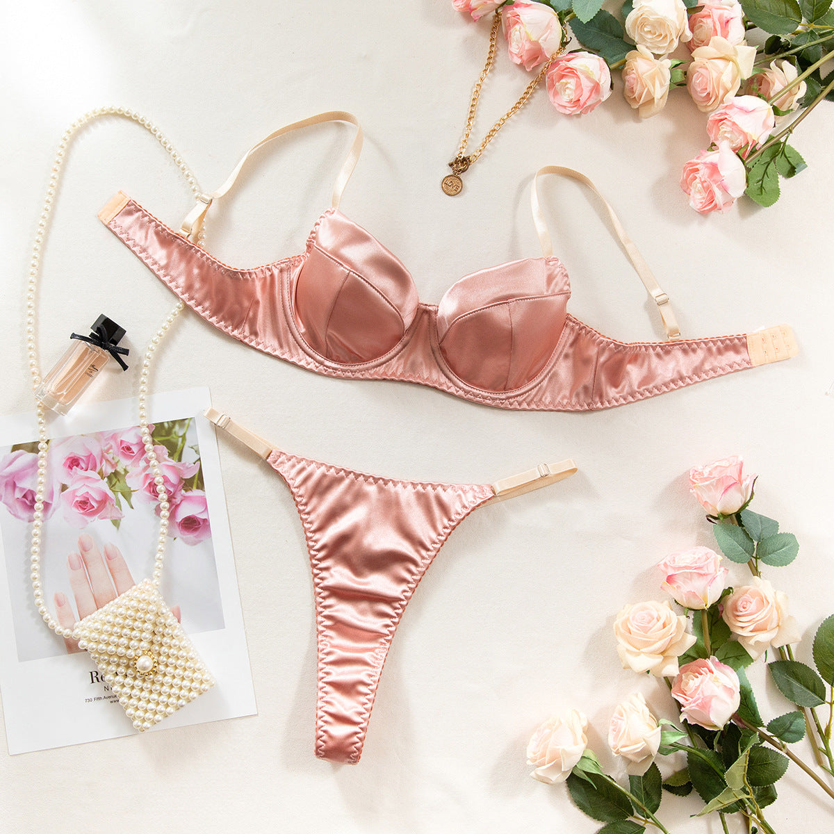 Burgundy Satin Balconette Bra & Thong Lingerie Set | 2-Piece Ruched Underwire Bra Gold Ring Adjustable Intimate Set | Wine Red Luxury Lingerie