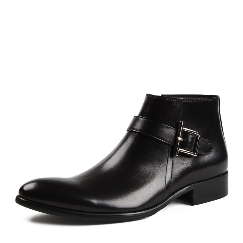 Men's Black Leather Ankle Boots | Silver Buckle Strap Pointed Toe Jodhpur Chelsea Dress Boots