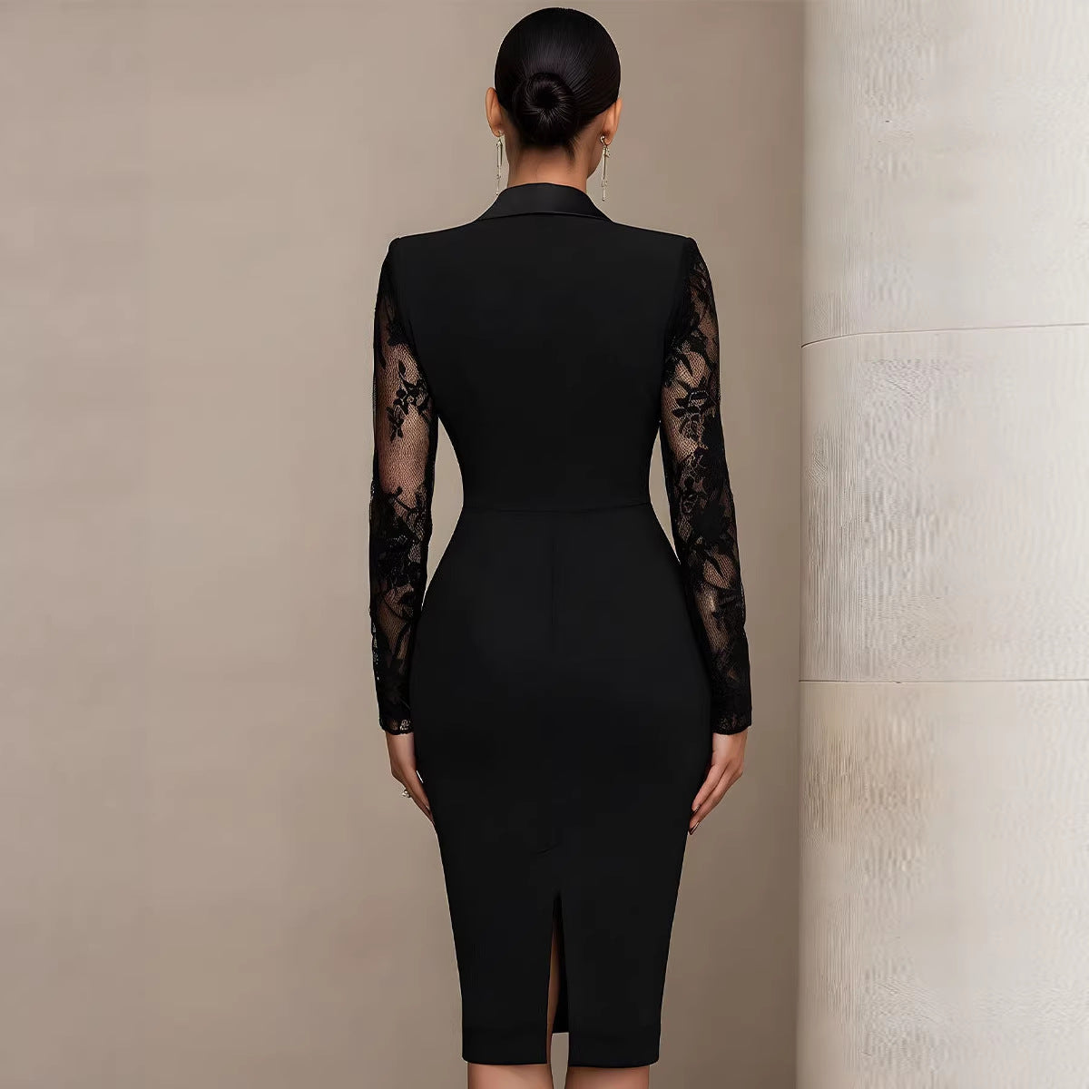 Black Lace Sleeve Tuxedo Blazer Dress | Women's Deep V Neck Sheer Lace Panel Bodycon Mini Dress