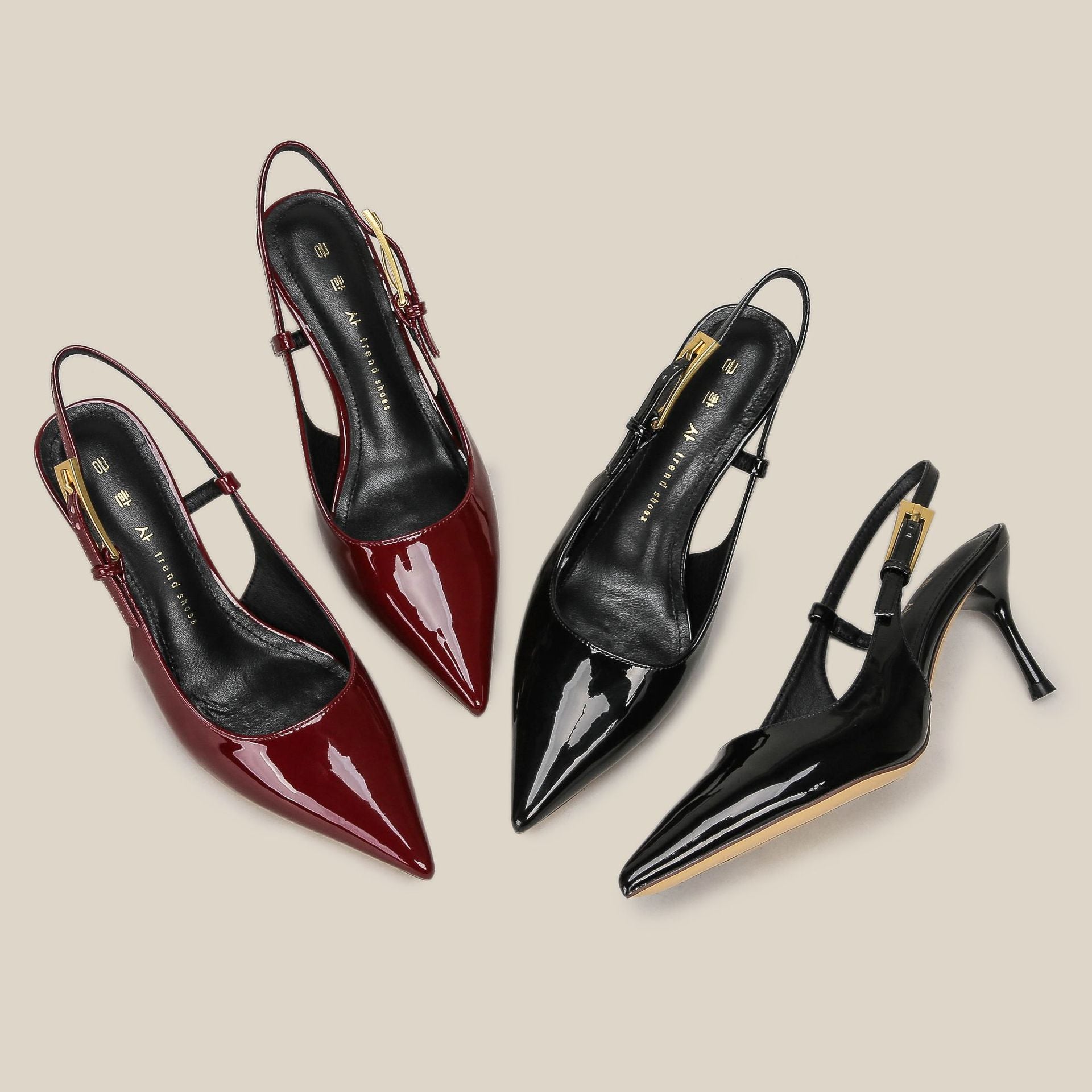 Burgundy Wine Red Patent Leather Gold Buckle Slingback Stiletto Heels | Women's Pointed Toe Luxury Pumps