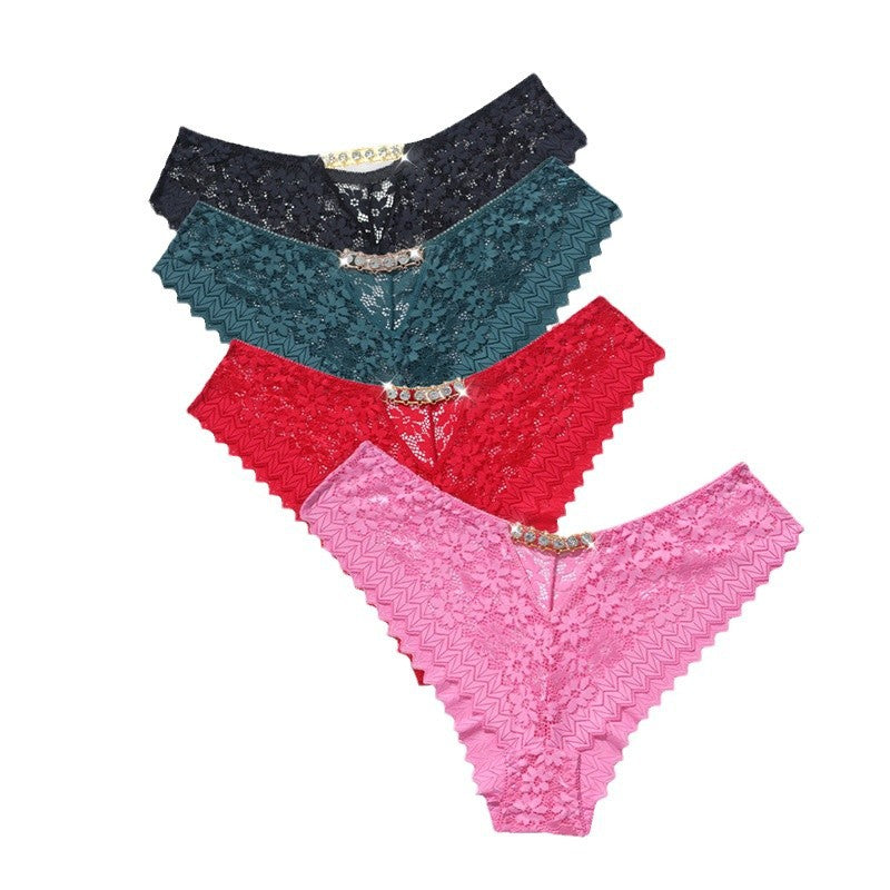 Black Floral Lace Cheeky Panties with Rhinestone Chain Detail ? Sexy Women's Cut-Out Underwear