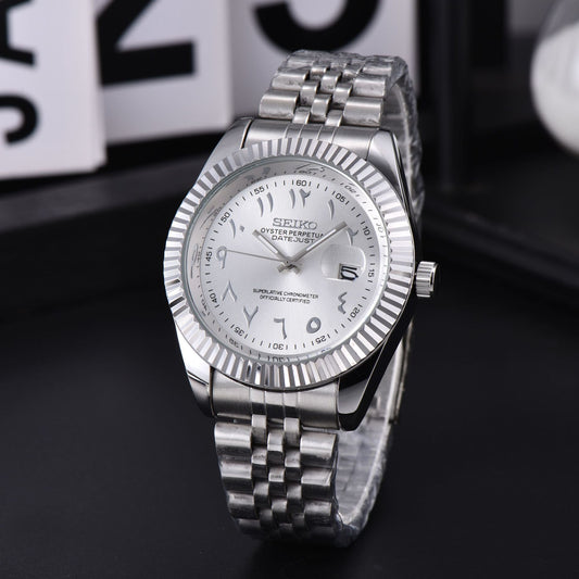 Men's Silver Luxury Dress Watch | Fluted Bezel Arabic Numeral Black Dial Jubilee Bracelet Date Watch