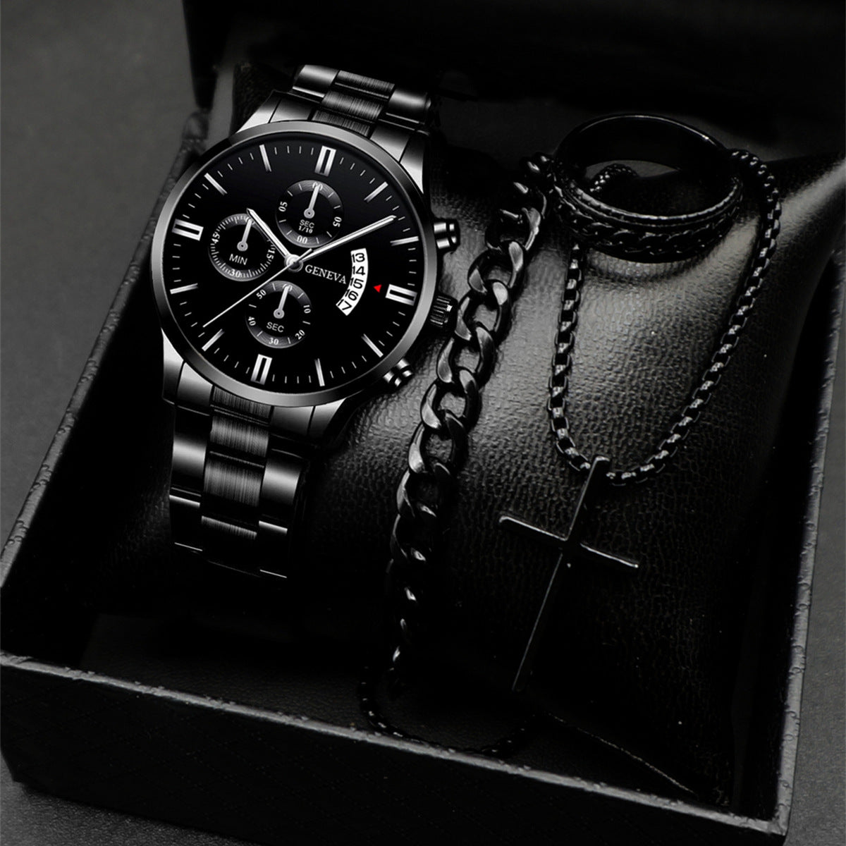 Geneva Men's 3-Piece Black Gift Set | Chronograph Watch + Cuban Link Bracelet + Cross Necklace Luxury Jewelry Box