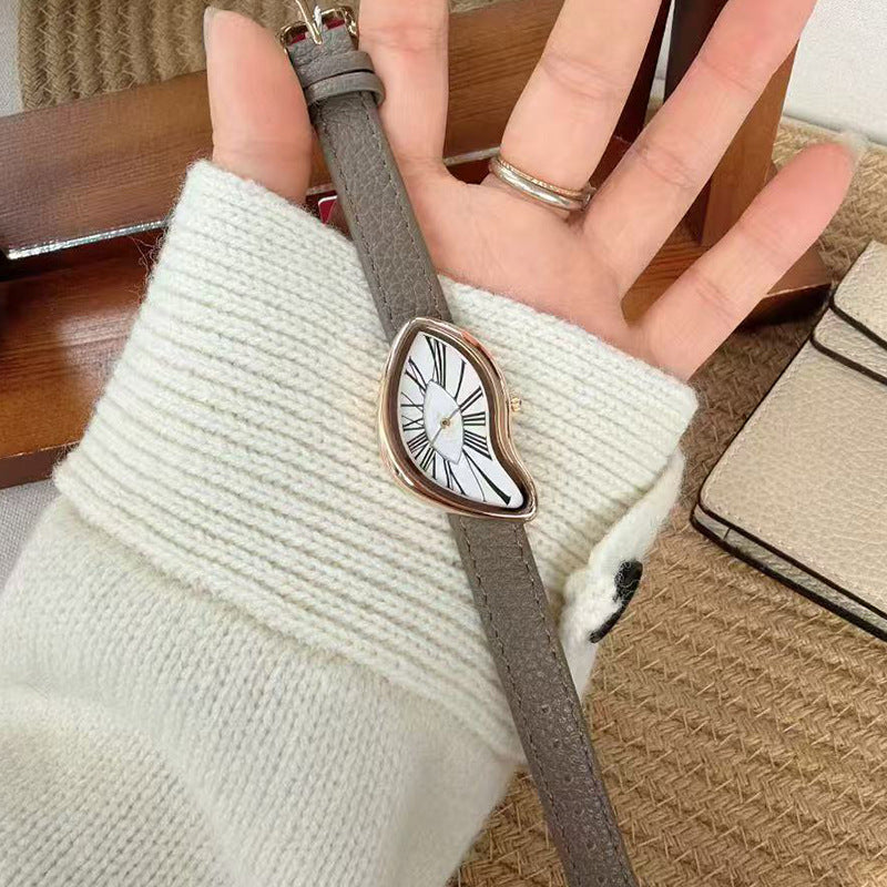 Salvador Dali Inspired Melting Watch | Surrealist Asymmetric Gold Case Women's Watch | Roman Numeral Leather Strap
