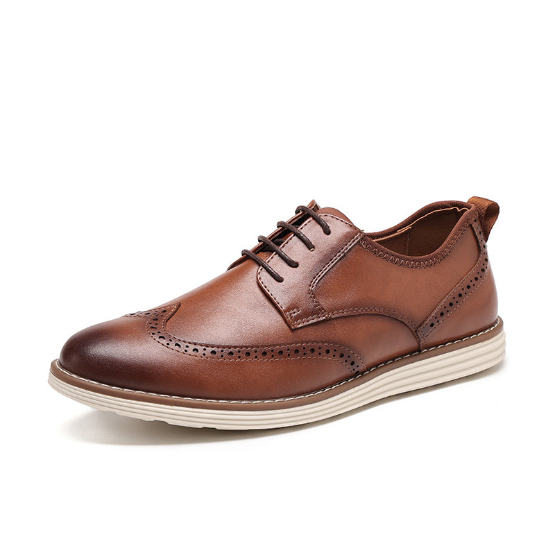 Men's Brown Leather Brogue Oxford Shoes | Wingtip Lace-Up Casual Dress Shoes with White Chunky Sole | Smart Casual Derby Shoes