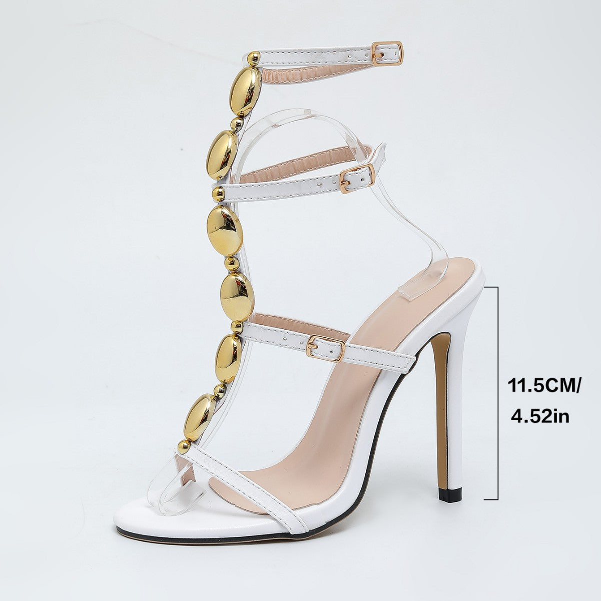 Black Leather Multi-Strap Stiletto Sandals with Gold Oval Cabochon T-Bar & Triple Ankle Buckle | Luxury Gladiator Evening Heels for Women