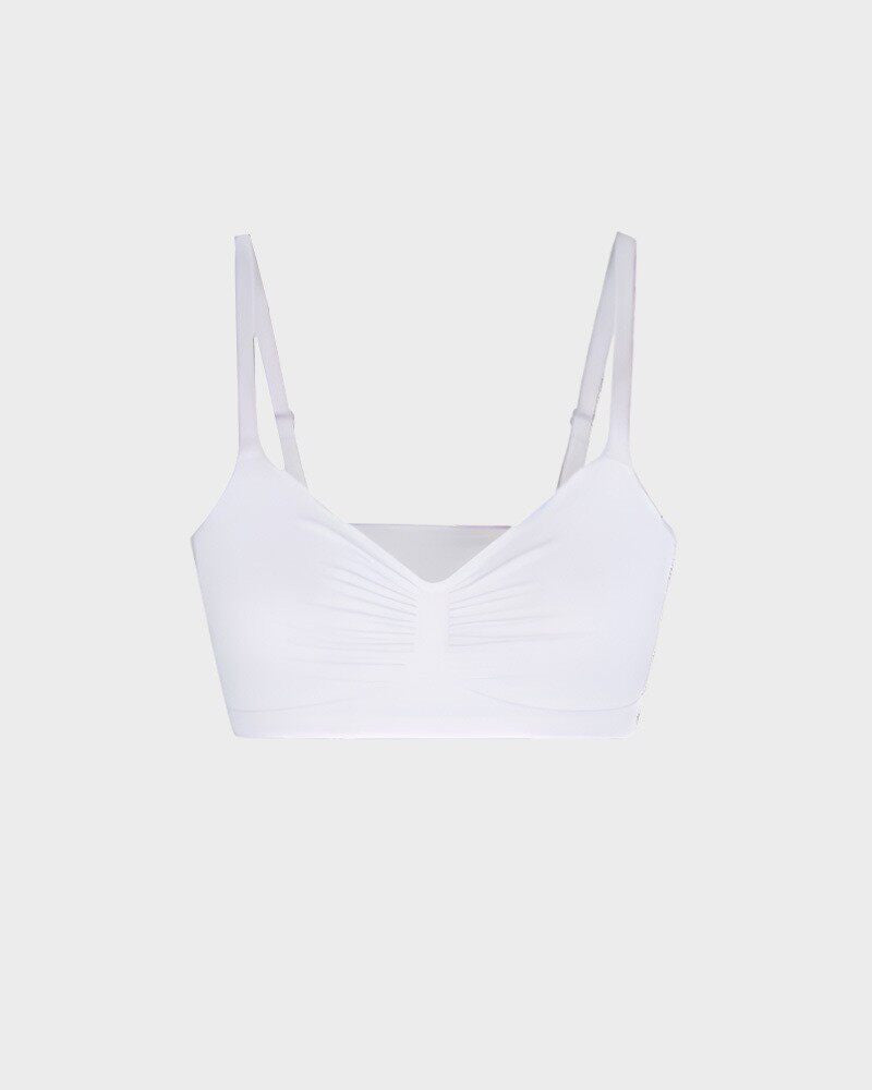 Women's Black Seamless Wireless Bra with Ruched Front Detail, Thin Adjustable Straps and V Neckline for Plus Size