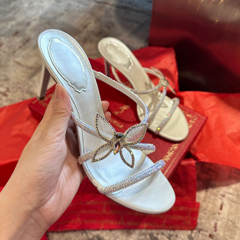 Champagne Nude AB Crystal Rhinestone Flower Strappy Stiletto Mule Sandals | Luxury Bridal Evening Heels for Women