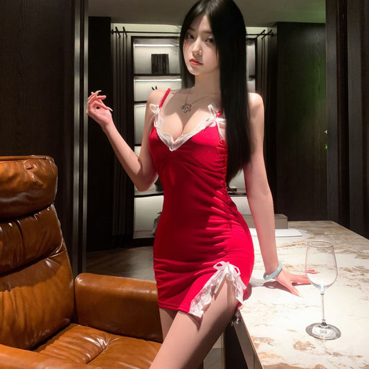 Women's Red Satin White Lace Trim Mini Nightgown Sexy Open Bust Side Bow Ribbon Sleepwear Chemise Lingerie Dress