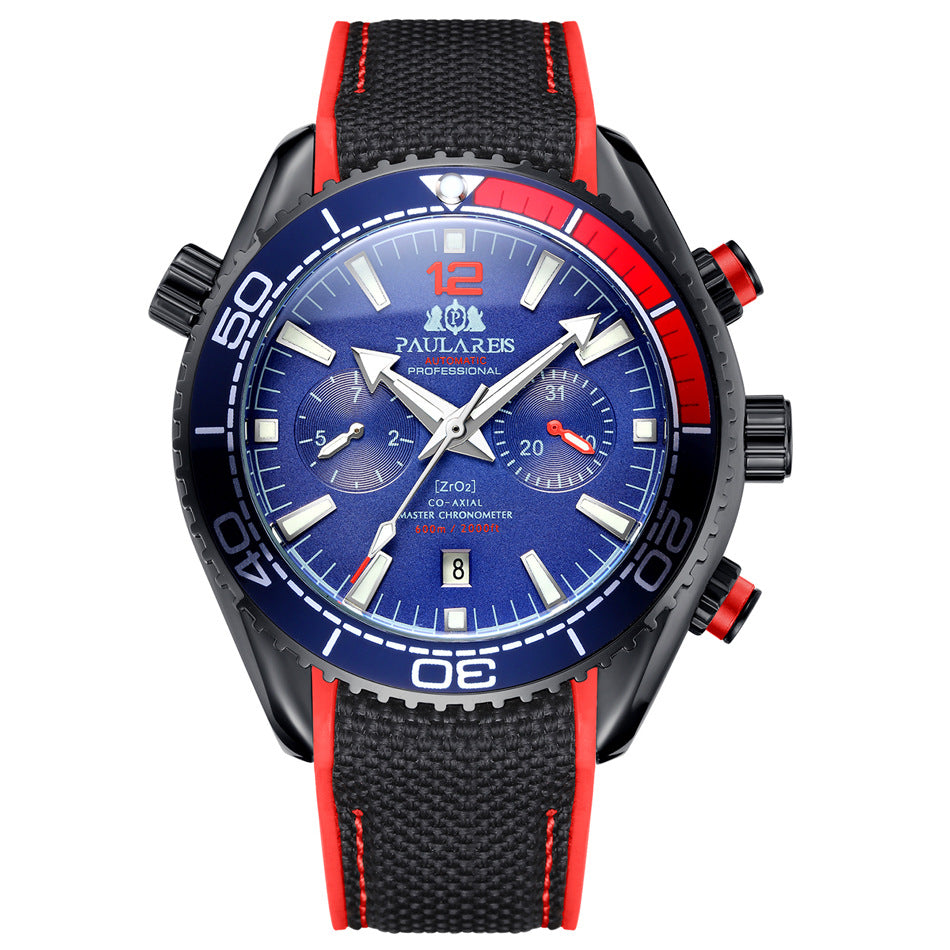 Paulareis Automatic Professional Diver Chronograph Watch | ZrO2 Co-Axial Master Chronometer 600m | Black & Orange Rubber Strap Men's Watch