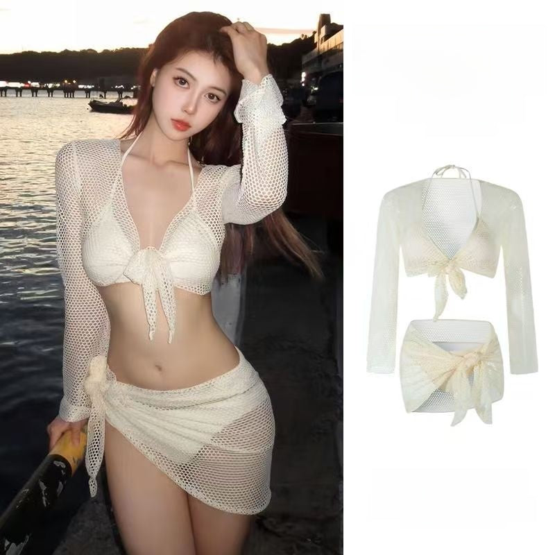 White Mesh Three Piece Bikini Set | Long Sleeve Cover Up Top Halter Bra & Mini Skirt | Crochet See Through Swimsuit Women