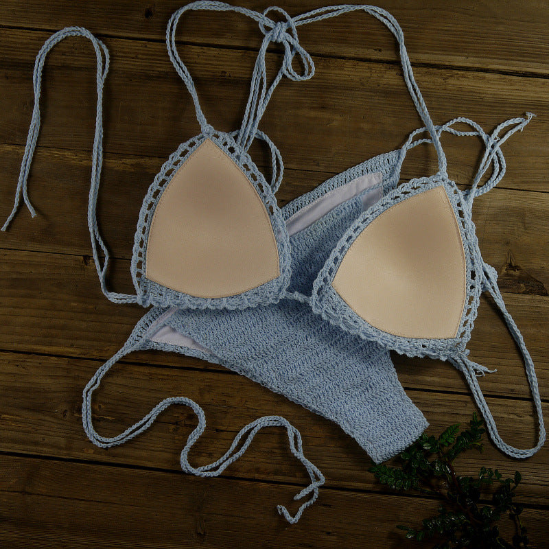 White Crochet Bikini Set | Handmade Triangle Halter Top and String Bottoms Boho Swimwear for Women