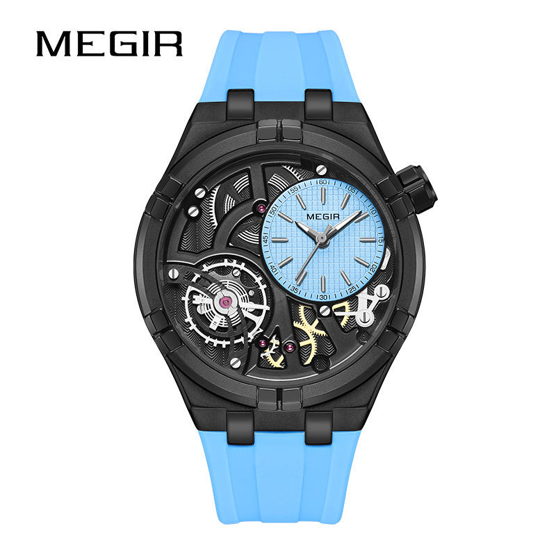 MEGIR Skeleton Watch for Men | Rainbow Dial Luxury Sport Quartz Watch Black Silicone