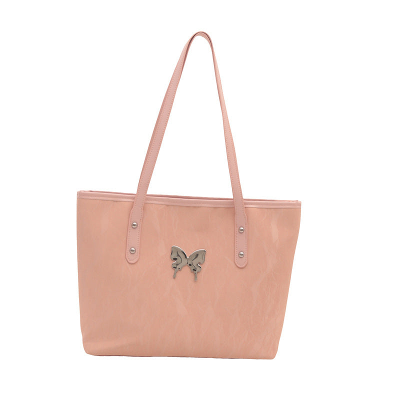 Pink Velvet Tote Bag with Butterfly Hardware - Soft Textured Shoulder Bag | Feminine Everyday Tote