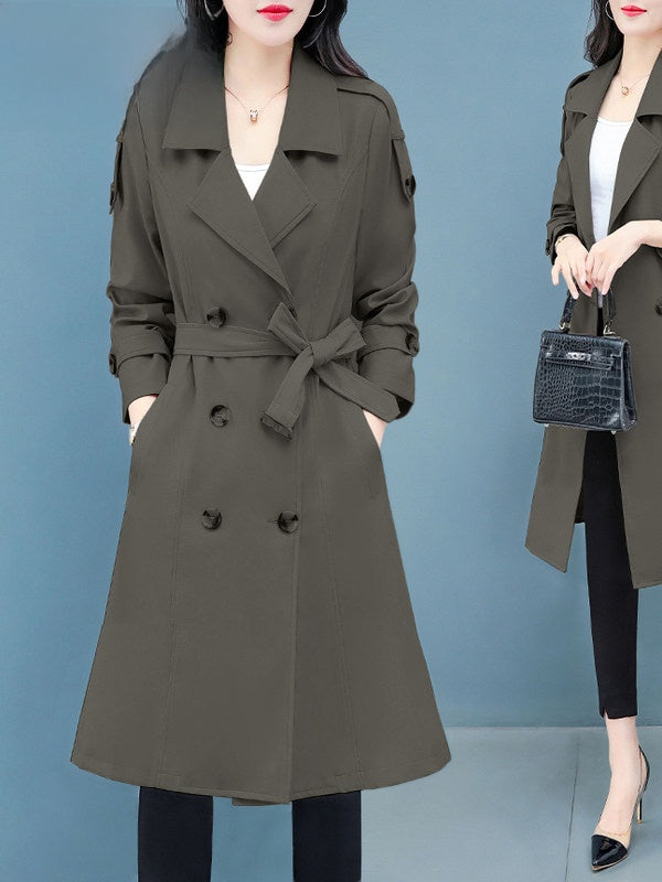 Women's Double-Breasted Trench Coat | Classic Khaki Mid-Length Windbreaker with Notch Lapel & Cuff Buttons | Elegant Slim Fit Autumn Overcoat