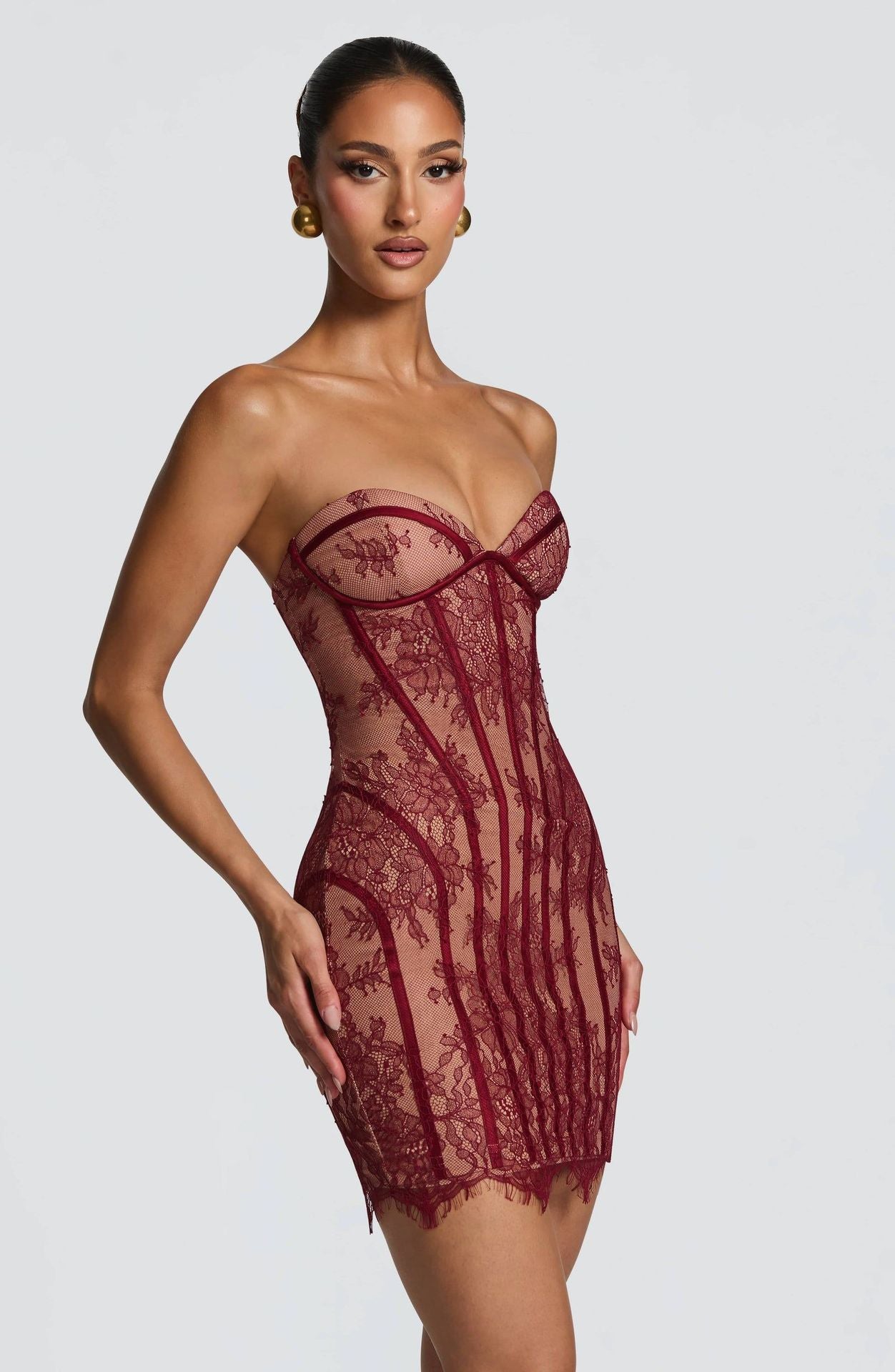 Burgundy Lace Corset Bodycon Dress | Strapless Sweetheart Sheer Lace Midi Dress | Women's Luxury Party & Evening Dress