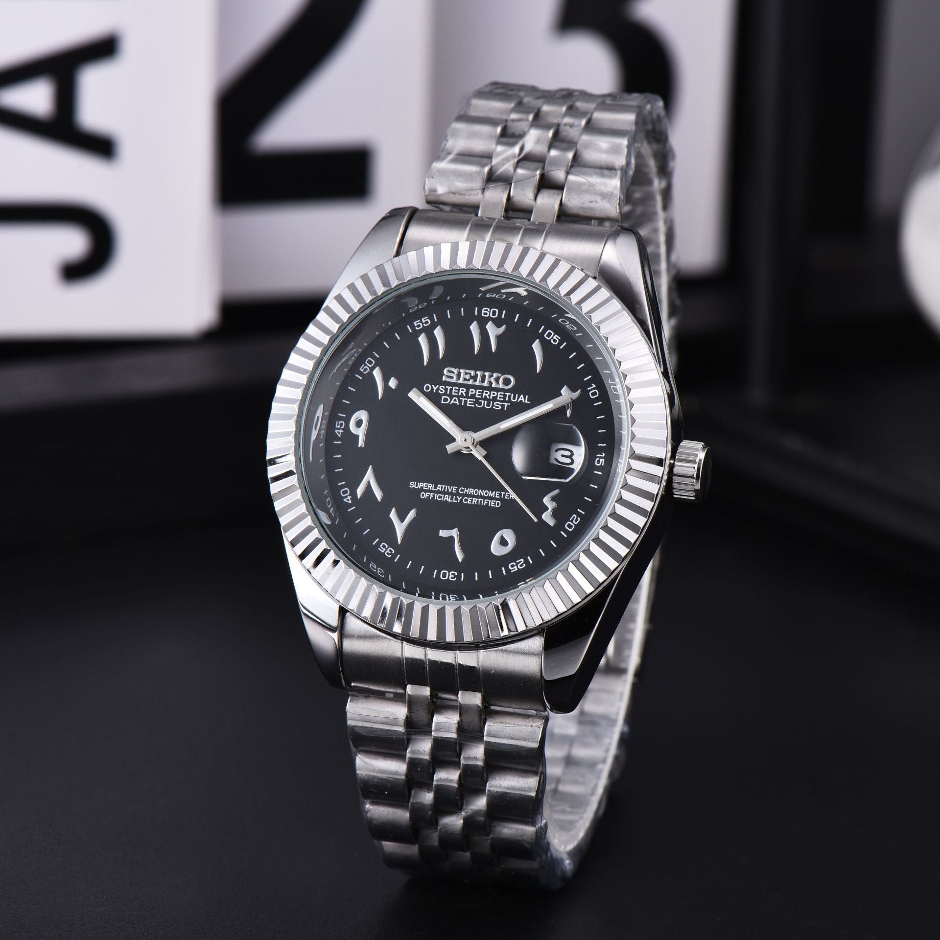 Men's Silver Luxury Dress Watch | Fluted Bezel Arabic Numeral Black Dial Jubilee Bracelet Date Watch