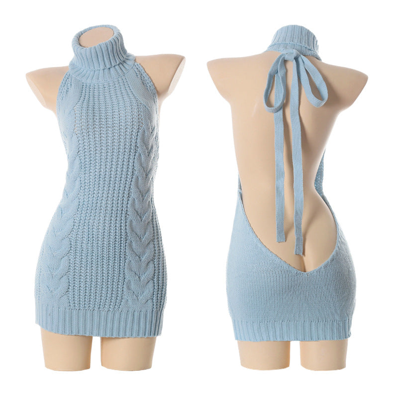 Weißes Zopfstrick-Neckholderkleid & Strumpfhalter-Set | 2-teilige Loungewear | Sexy Mini-Strickkleid mit Rollkragen 