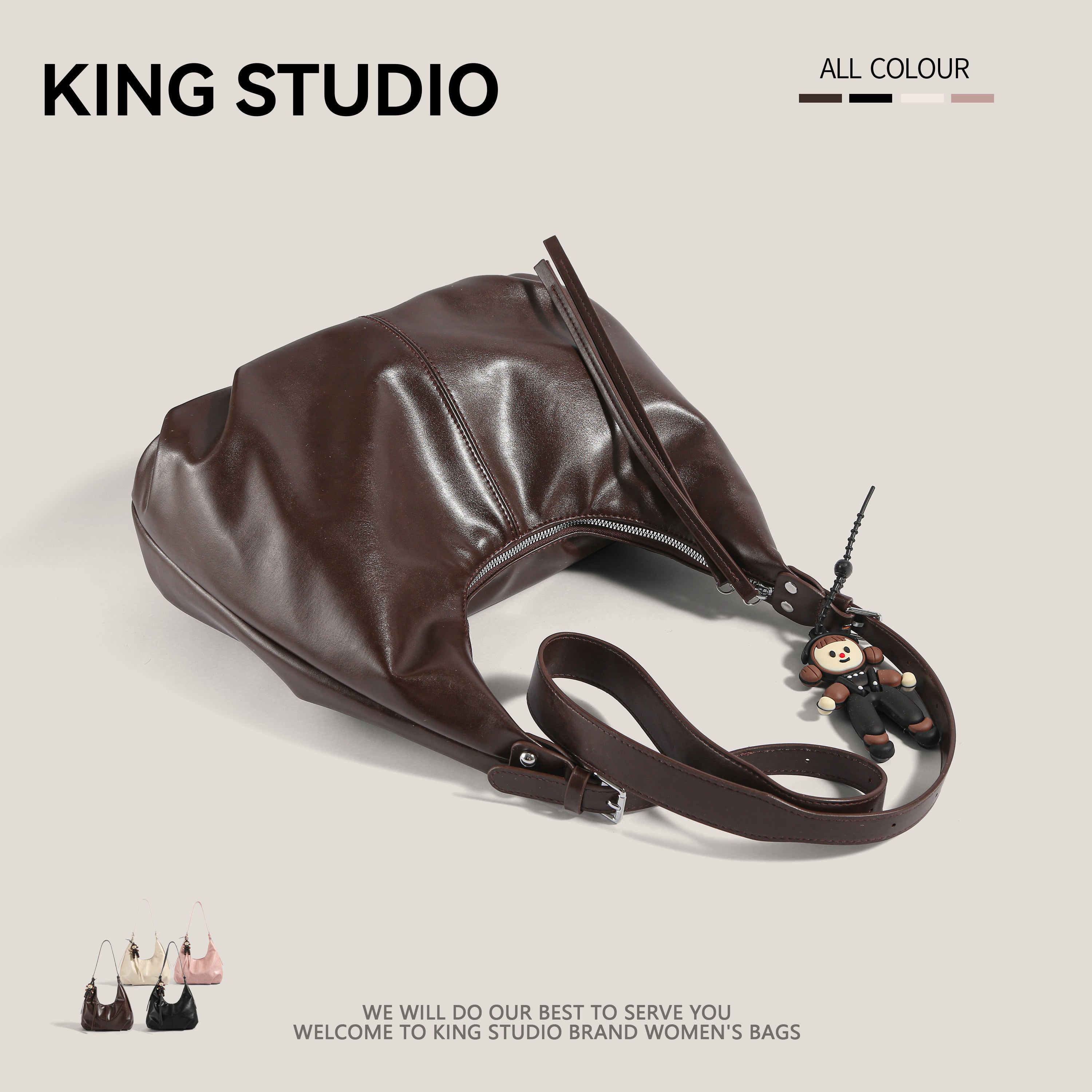 Dark Brown Leather Hobo Bag with Monkey Charm | Soft Slouchy Shoulder Bag