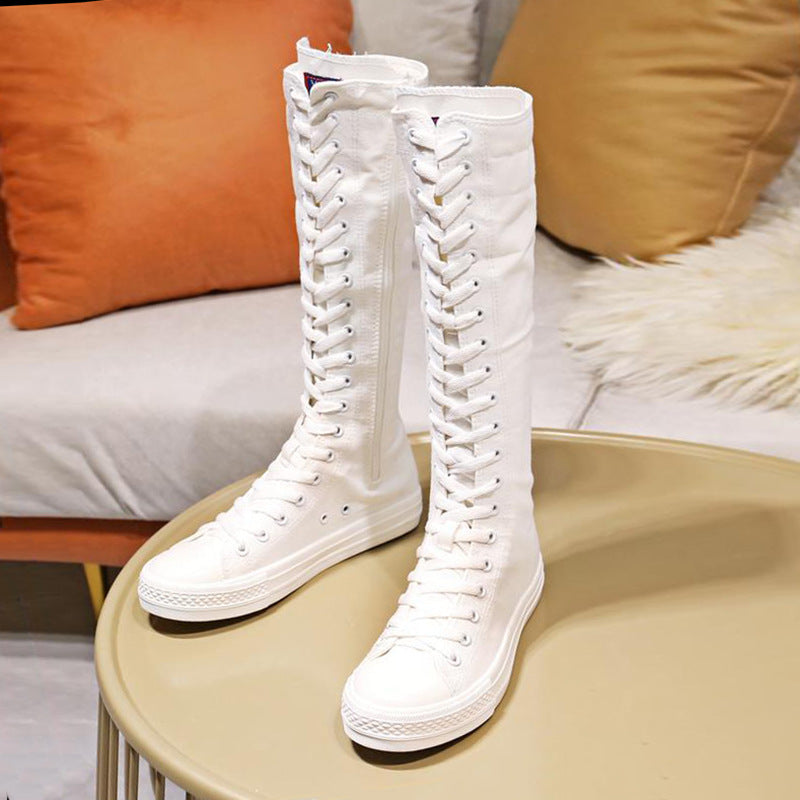 Stivali alti al ginocchio in tela bianca con lacci | Stivali sneaker alti con cerniera laterale | Scarpe alte da donna Punk Streetwear | Calzature in stile EMO Rock