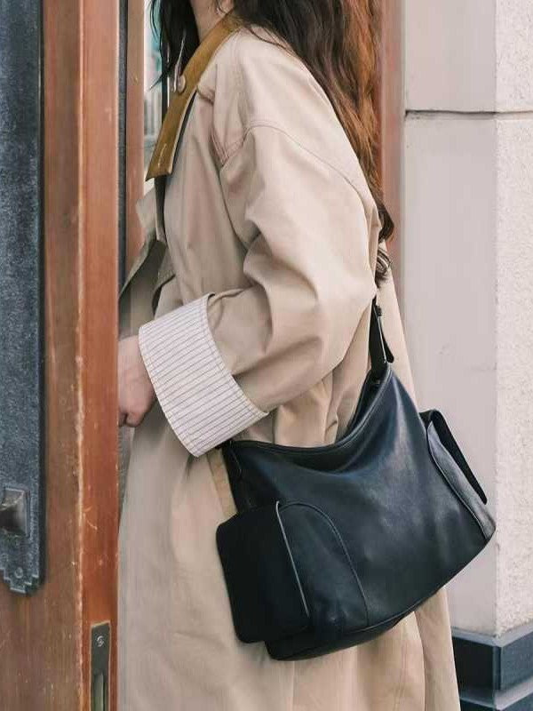 Dark Brown Leather Slouchy Shoulder Bag with Side Pockets | Soft Hobo Handbag