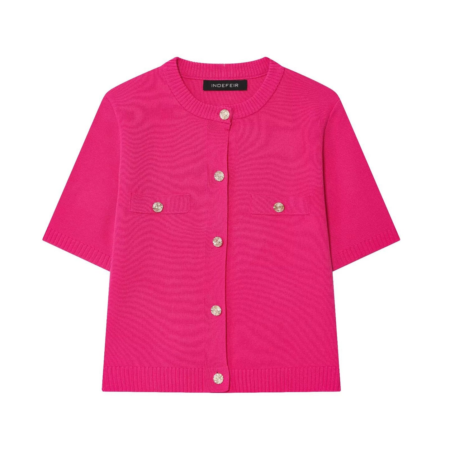 INDEFEIR Women's Burgundy Knit Cardigan - Short Sleeve Button Down Sweater with Gold Jewel Buttons & Chest Pockets - Elegant Cropped Knitwear for Fall Winter - Ladies Luxury Knit Top