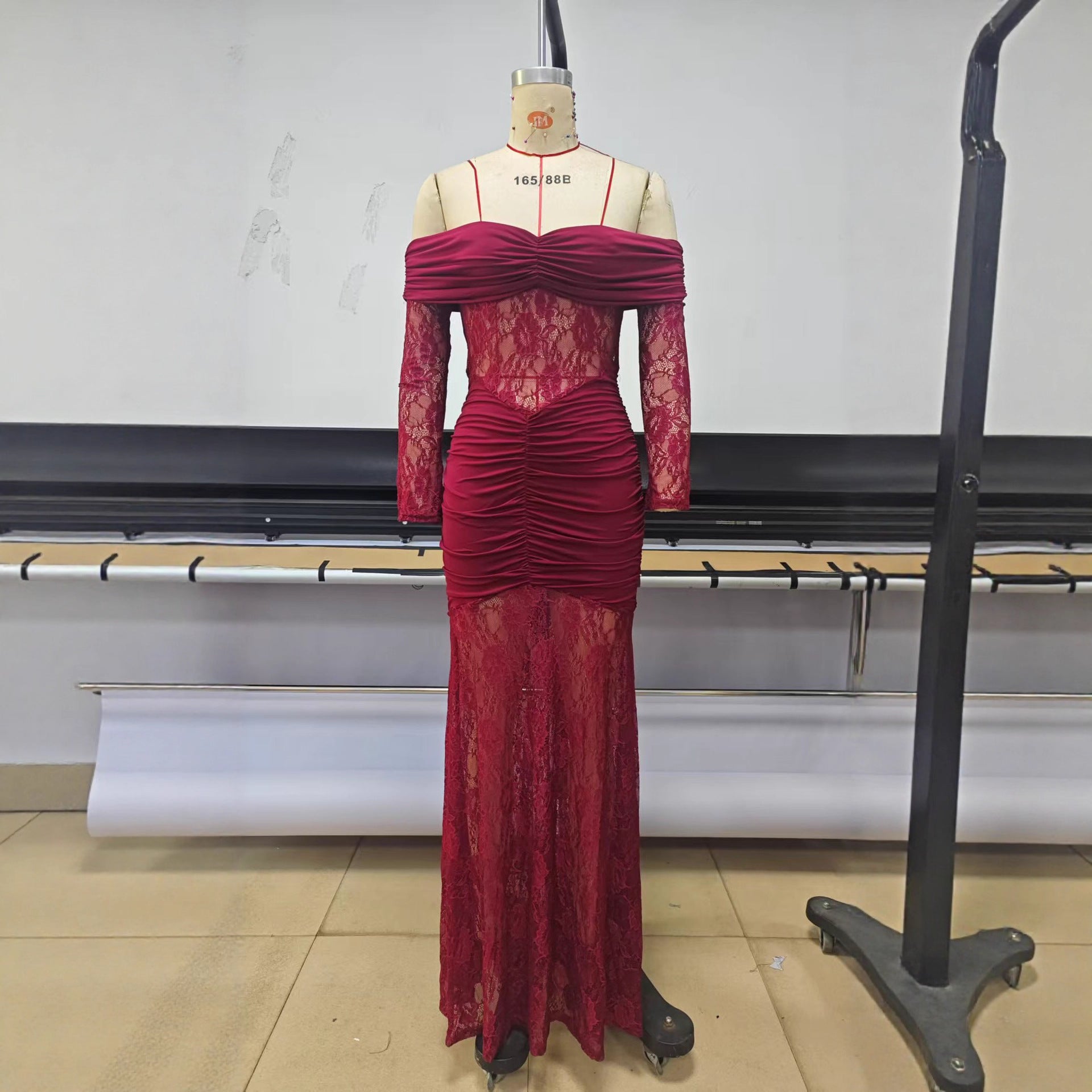 Black Off Shoulder Lace Maxi Dress - Long Sleeve Ruched Bodycon Mermaid Gown | Formal Evening & Wedding Guest Dress