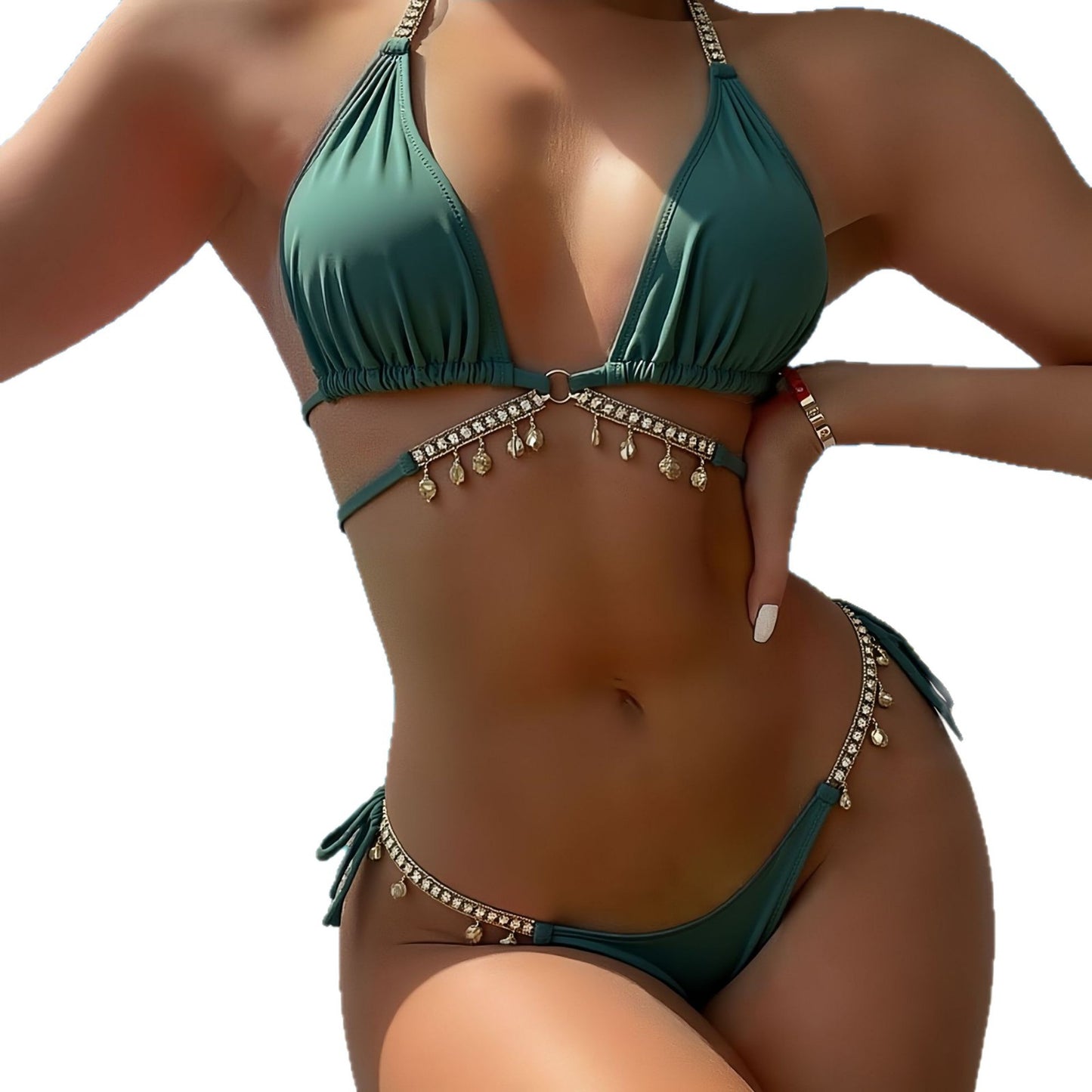 Teal Rhinestone Shell Charm Bikini Set | Crystal Tassel Triangle Top & Tie Side Bottoms | Boho Jeweled Luxury Two Piece Swimsuit Women
