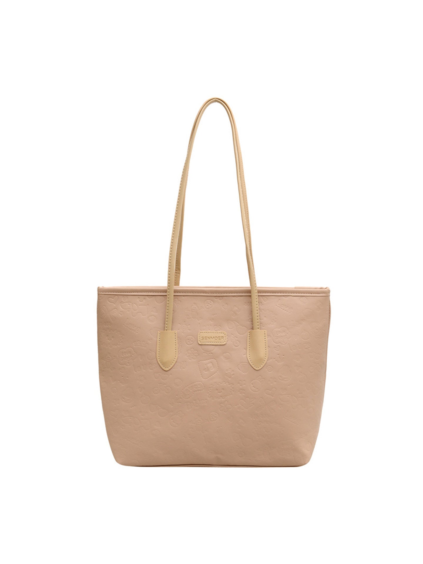 Beige Embossed Logo Tote Bag - Structured Shoulder Bag with Long Straps | Classic Everyday Leather Tote