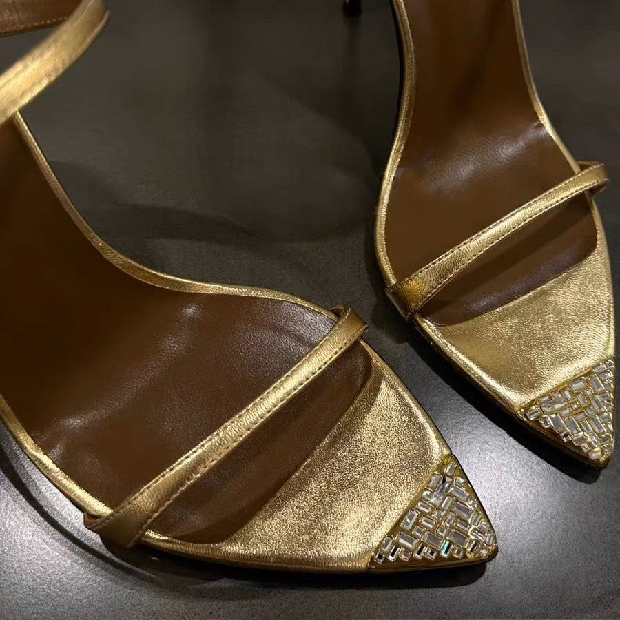 Black Patent Leather Strappy Heeled Sandals with Gold Pointed Toe Cap | Luxury Evening Shoes
