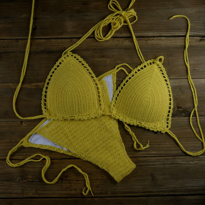 White Crochet Bikini Set | Handmade Triangle Halter Top and String Bottoms Boho Swimwear for Women