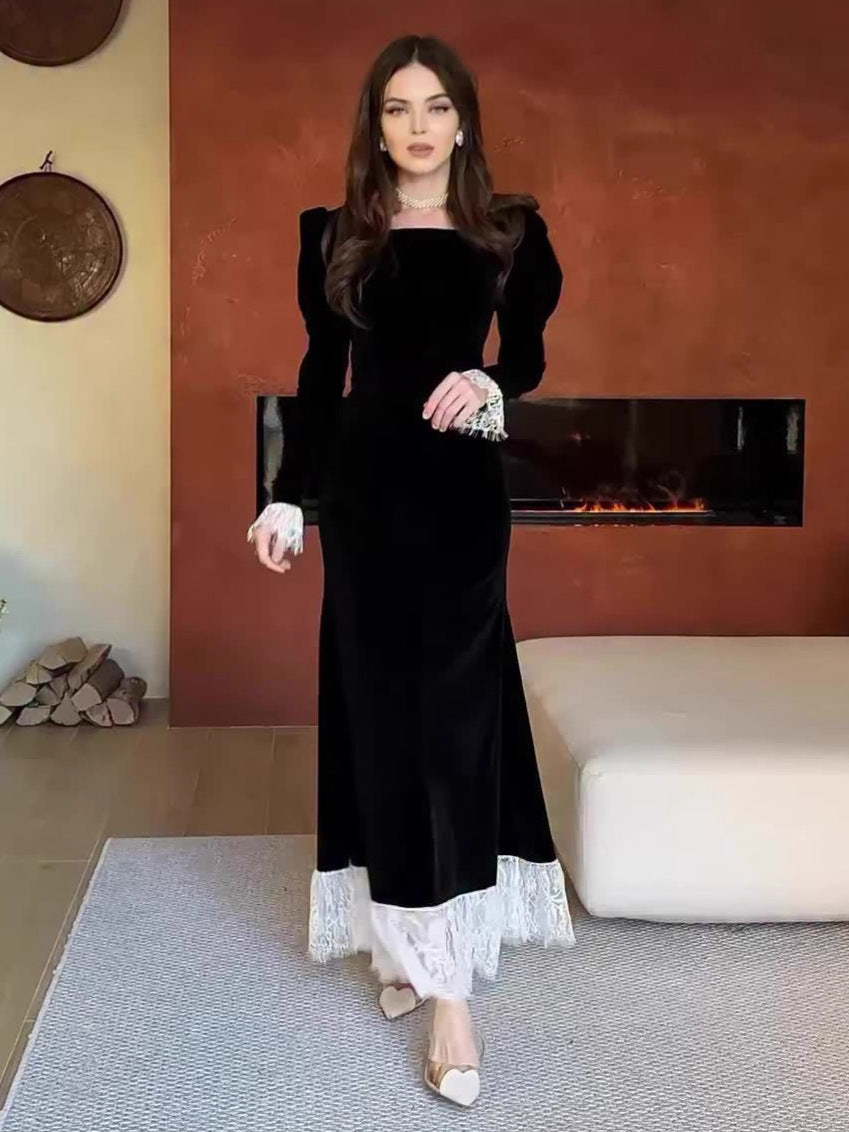 Black Velvet Maxi Dress with White Lace Cuffs & Hem | Women's Long Sleeve Square Neck Elegant Evening Gown