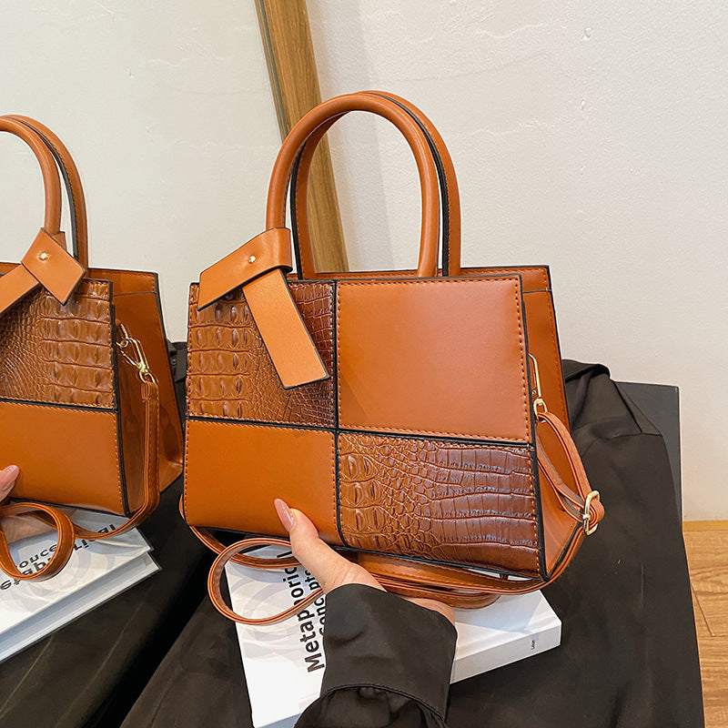 White Croc Embossed Color Block Tote Bag | Women's Luxury Style Top Handle Crossbody Handbag