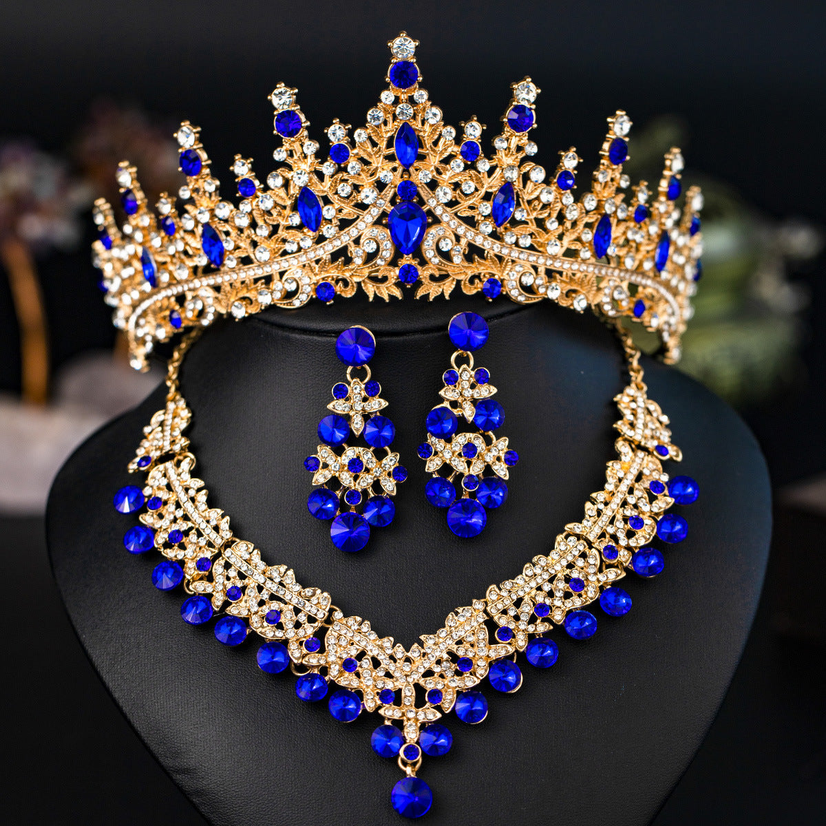 3 Piece Red Crystal Bridal Jewelry Set | Gold Crown Tiara Necklace & Earrings | Queen Wedding Pageant Party Jewelry Set