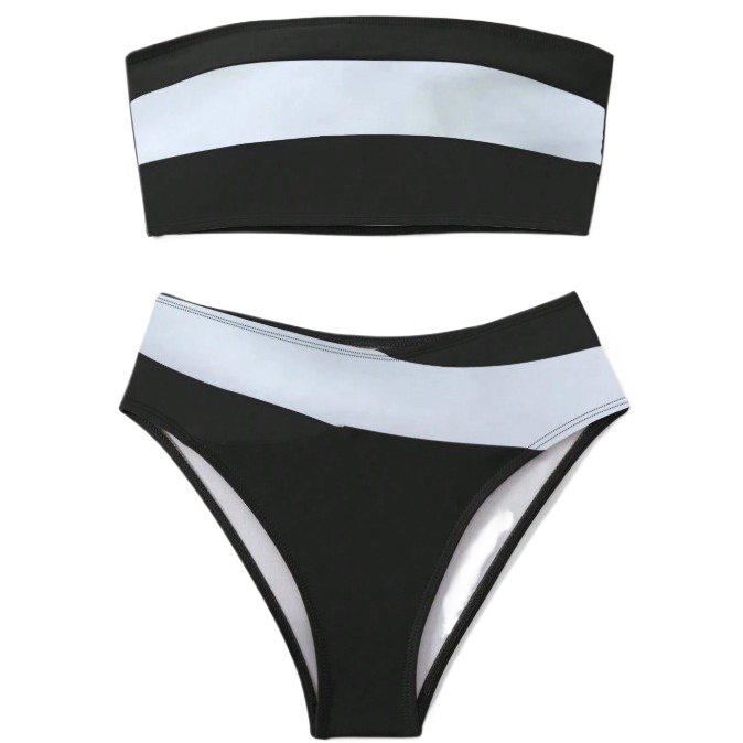Completo Bikini Fascia Color Block Bianco e Nero, Top Senza Spalline e Slip a Vita Alta, Costumi da Bagno Donna a Contrasto Audace, Costume da Bagno Sportivo Chic da Spiaggia, Costume da Bagno Due Pezzi Minimalista
