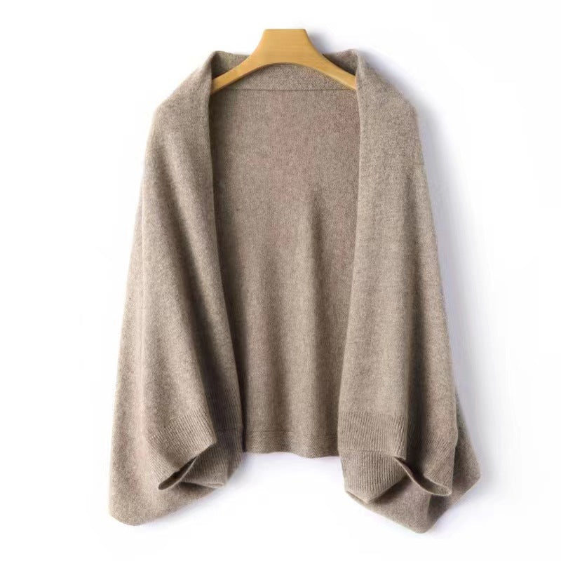 Women's Cashmere Wool Shawl Wrap Cardigan - Soft Knit Batwing Sleeve Poncho in Camel Brown - Elegant Oversized Shoulder Wrap Sweater for Fall Winter - Luxury Cozy Layering Piece