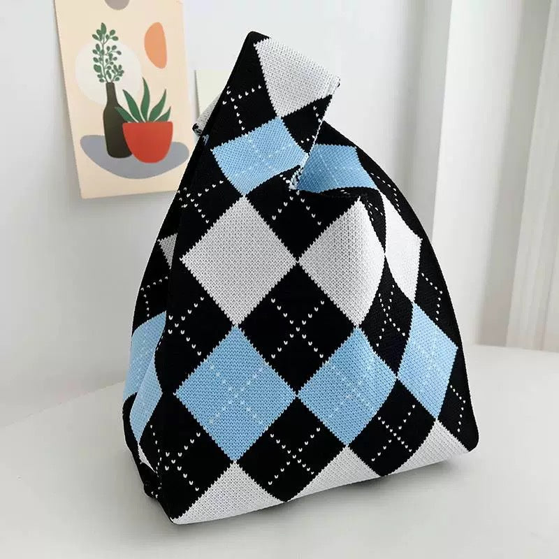 Black & White Geometric Knit Tote Bag | Aztec Pattern Wrist Handle Handbag | Boho Crochet Style Women's Bag