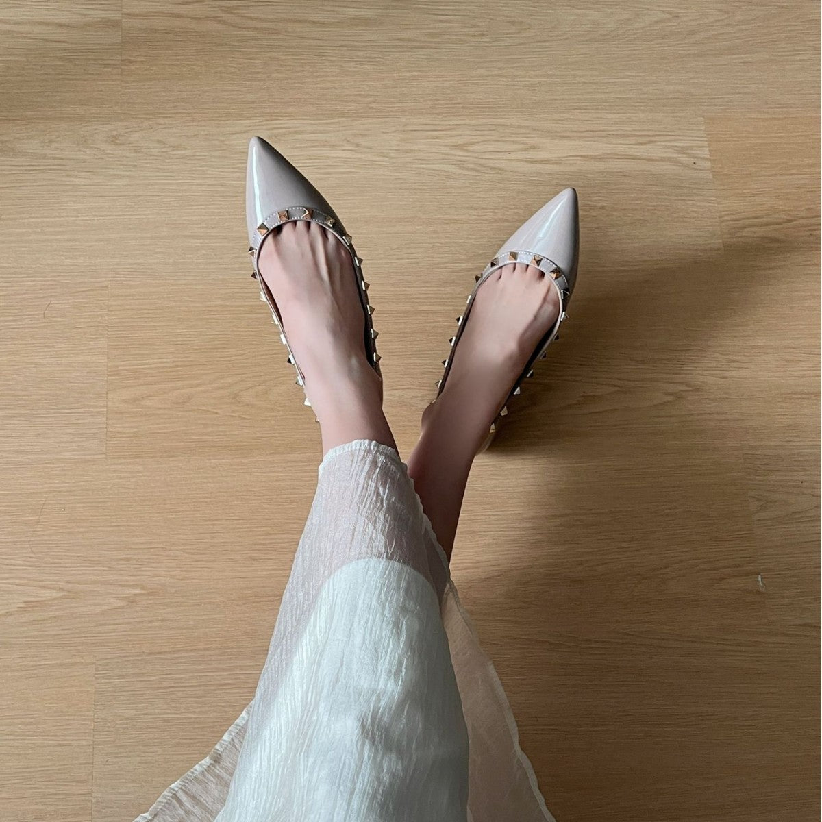 Black Patent Leather Studded Strap Pointed Toe Flats | Women's Rockstud Ballet Slingback Shoes