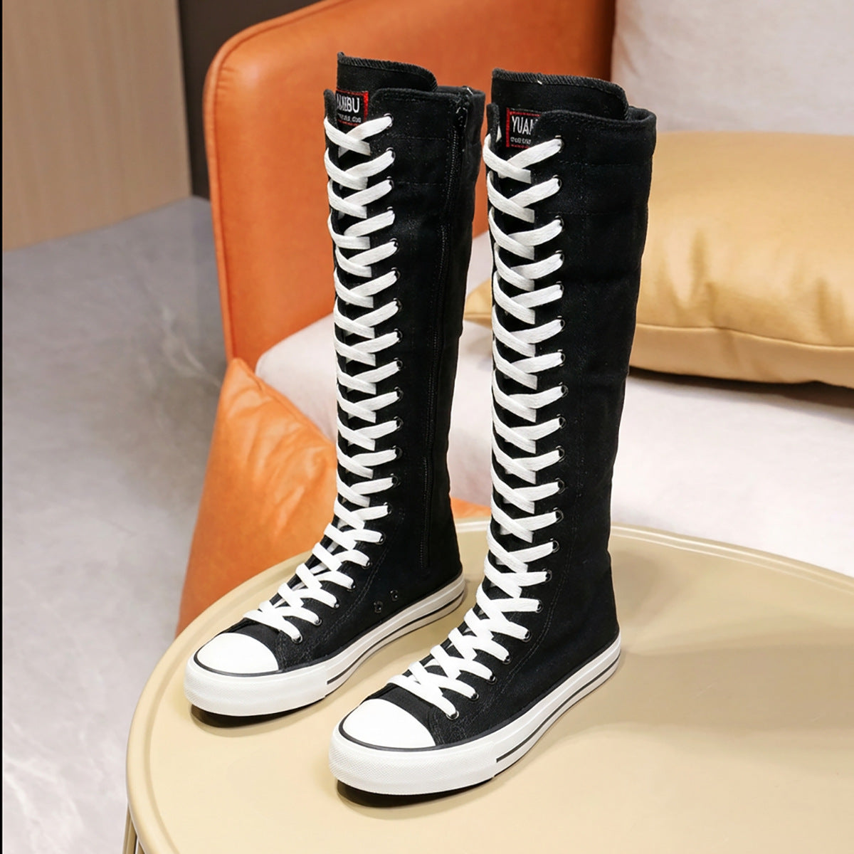 Stivali alti al ginocchio in tela bianca con lacci | Stivali sneaker alti con cerniera laterale | Scarpe alte da donna Punk Streetwear | Calzature in stile EMO Rock