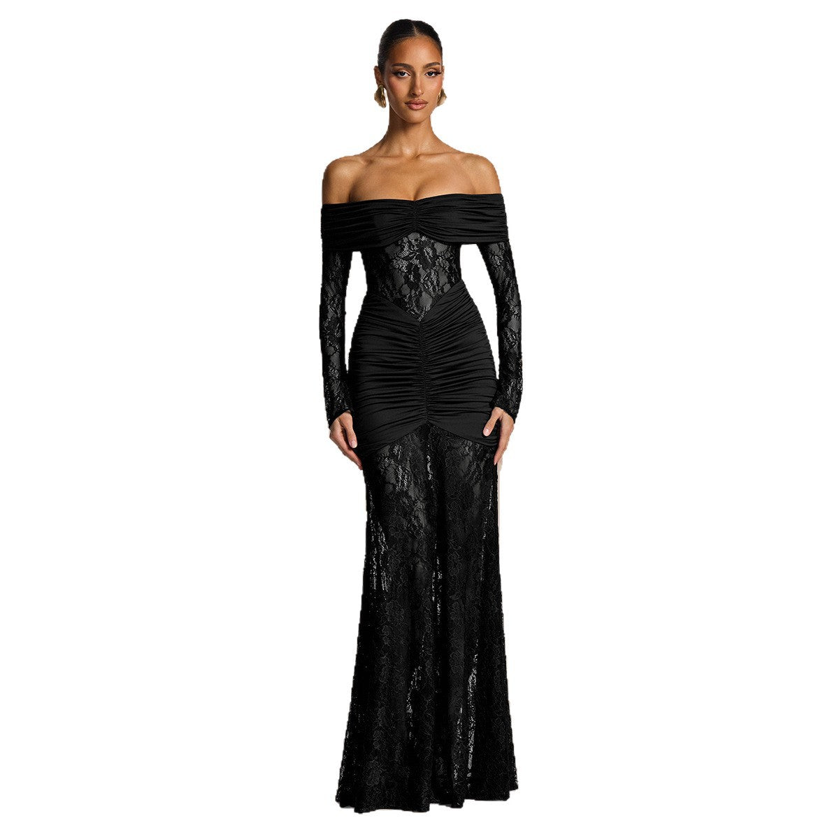 Black Off Shoulder Lace Maxi Dress - Long Sleeve Ruched Bodycon Mermaid Gown | Formal Evening & Wedding Guest Dress