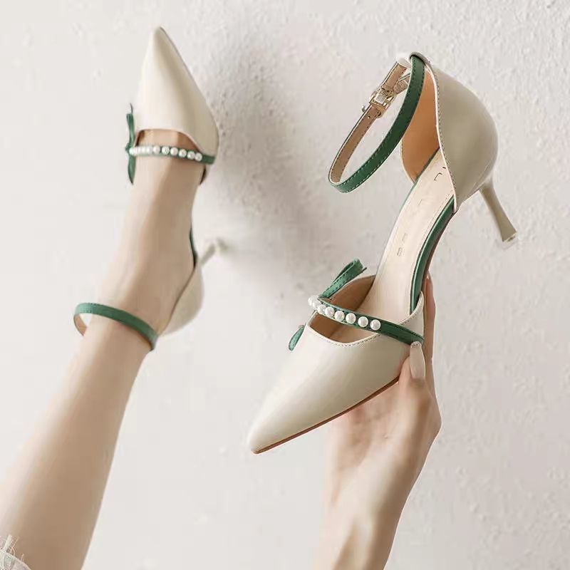White Pearl Bow Ankle Strap Stiletto Heels | Pointed Toe D'Orsay Pumps for Women | Bridal Wedding Prom Elegant Fairy Shoes