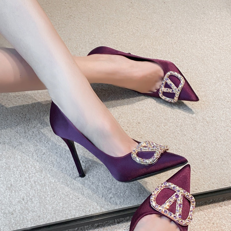 Deep Purple Satin Pointed Toe Stiletto Pumps with Crystal Rhinestone Square Buckle Toe Detail | Luxury Elegant Evening Heels for Women